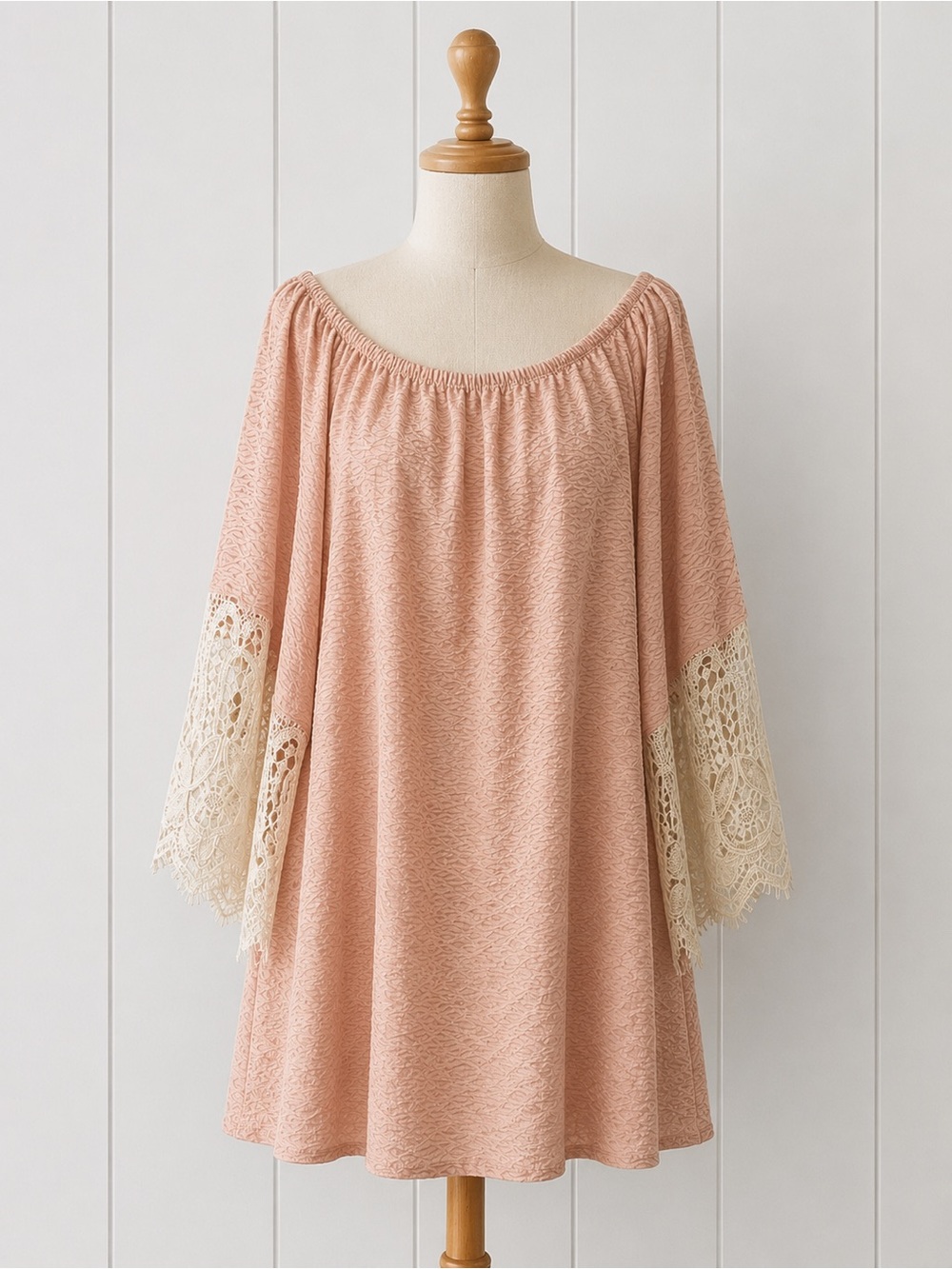 Vava by Joy Han Peach Off-Shoulder Tunic with Cream Lace Sleeves